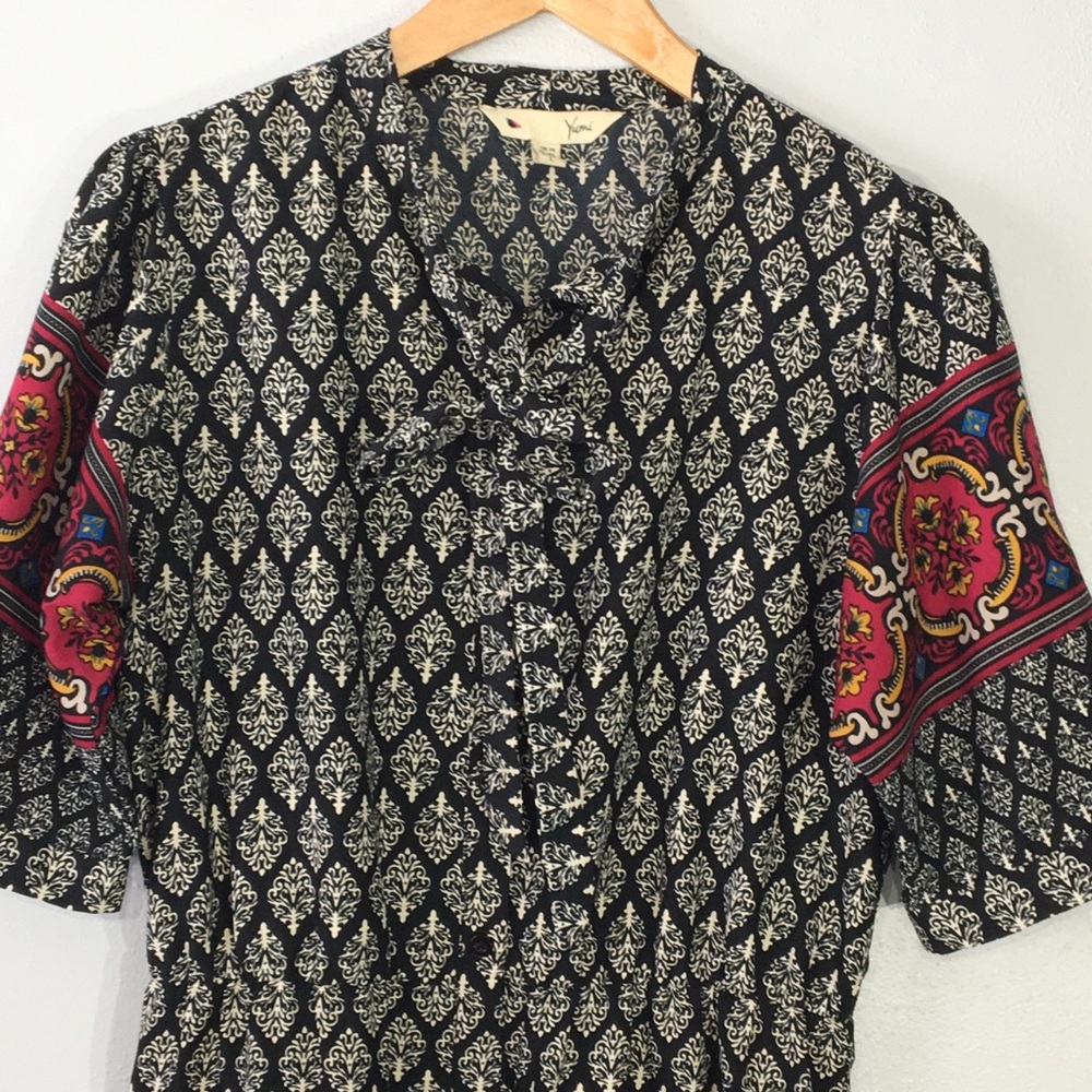 Yumi Black White Ikat Dress Border Print Tie Neck - Picture 7 of 16